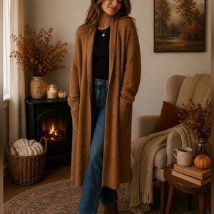 Oak + Fort Camel Ribbed Long Cardigan Size M Duster Open Front Sweater